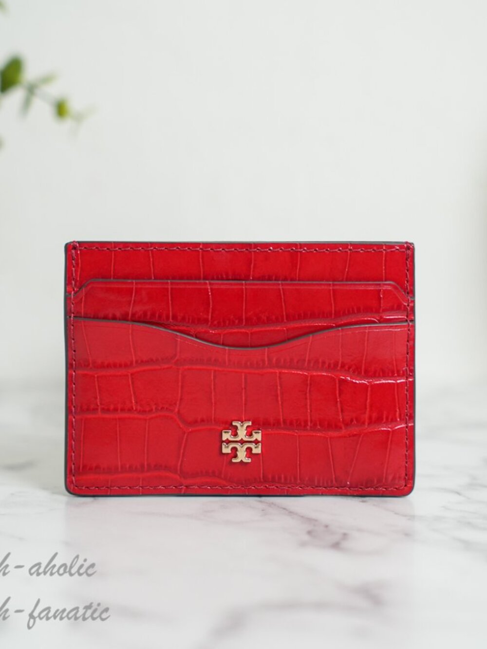Tory Burch Emerson Embossed Croc Slim Card Case in Red Sky NWT